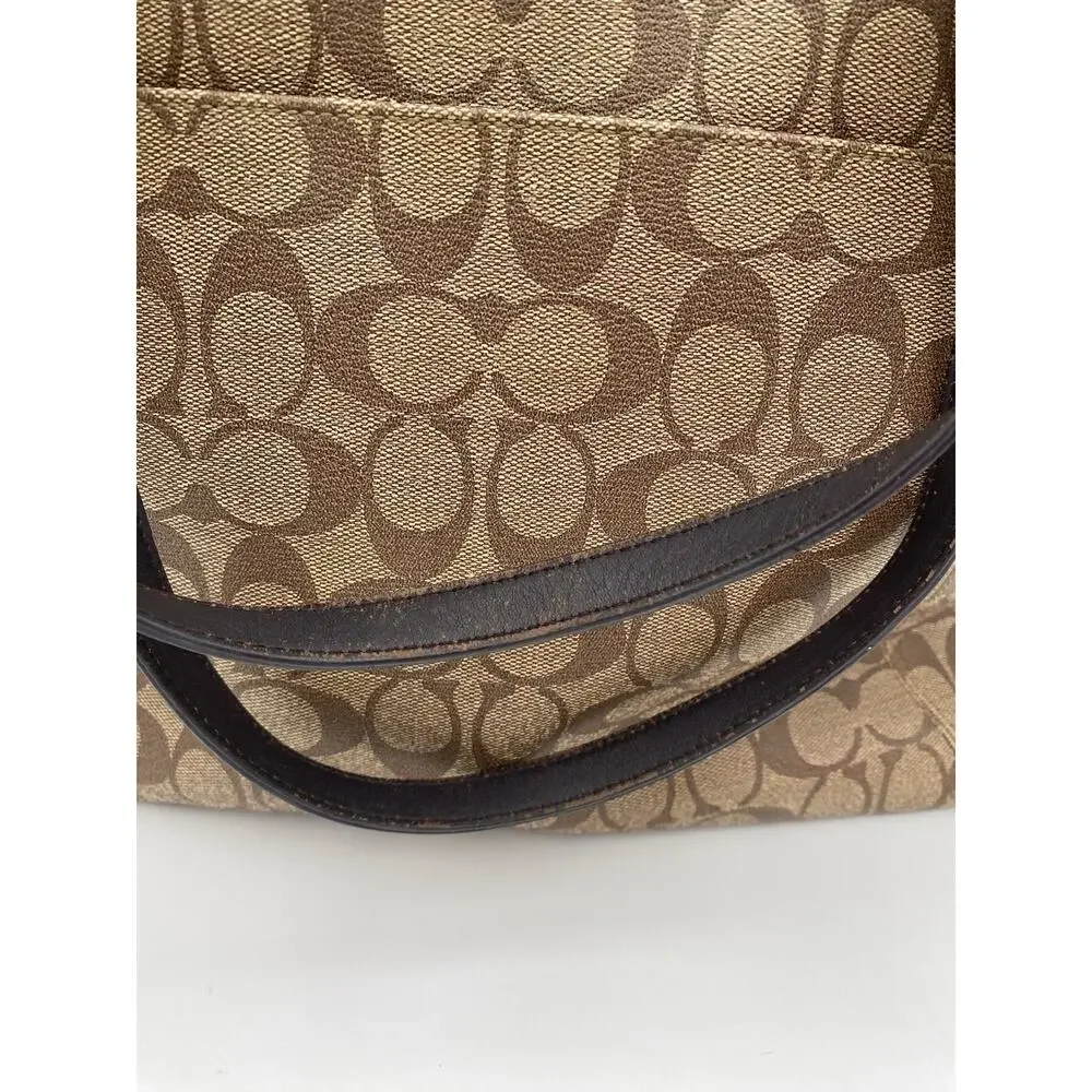 Coach Peyton Signature Pocket Tote Messenger Bag Tan Brown Crossbody Strap